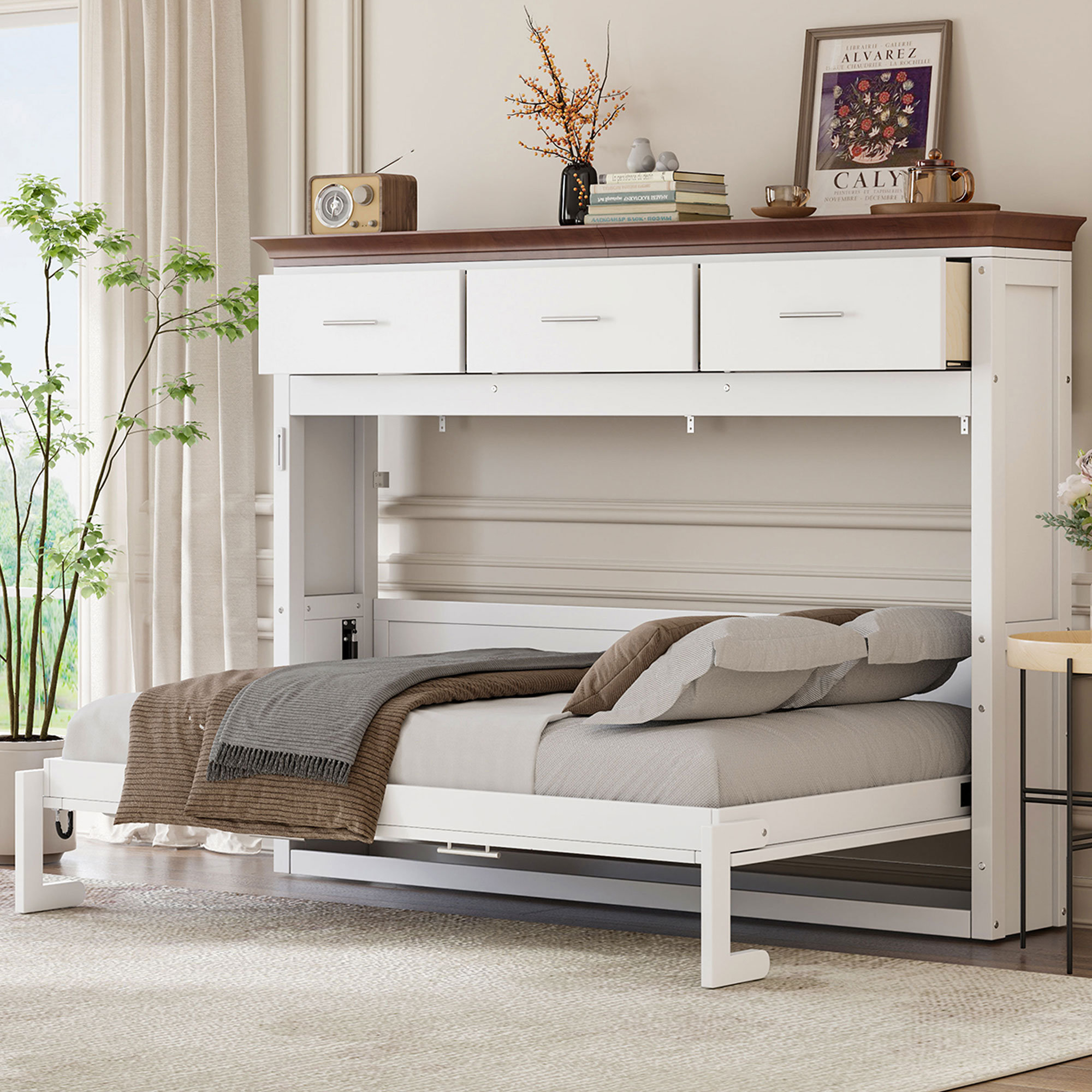 August Grove Twin Size Murphy Bed, Built-In Drawers, Space-Saving